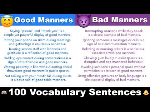 Thumbnail for Good Manners vs. Bad Manners - 100 English Vocabulary Sentences *POLITE ENGLISH* by Club James Studios - English Speaking Videos